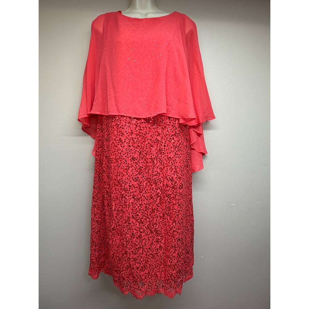 Roamans Women 24W Coral Pink Sequin Lace Dress Chiffon Capelet Overlay 03-0221-6